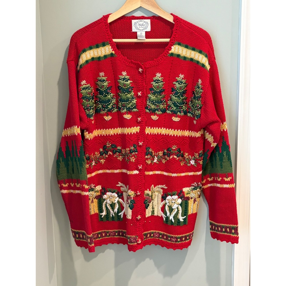 Stitches In Time Womens Red Christmas Tree Embroidered Cardigan Sweater Small